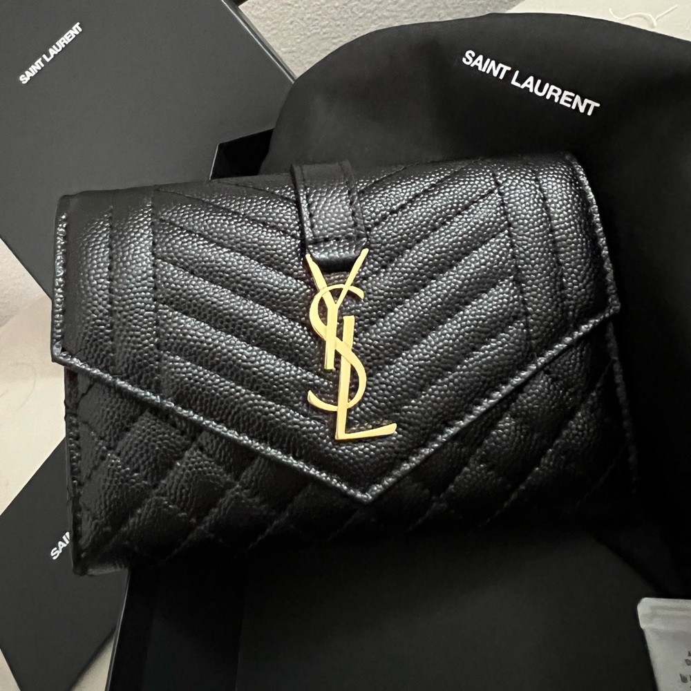 SOLD NEW YSL Saint Laurent Gold Monogram quilted leather wallet clutch - Picture 12 of 12
